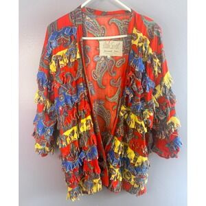 Vtg Paula Sweet Flannel Fur 80s Paisley Fringed Jacket Red Blue Yellow Medium